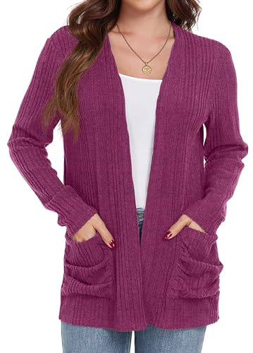GRECERELLE Cardigan da donna lungo elegante cardigan caldo casual leggero donna autunno maniche lunghe maglione con tasche a maglia cardigan, Rosa caldo, XL