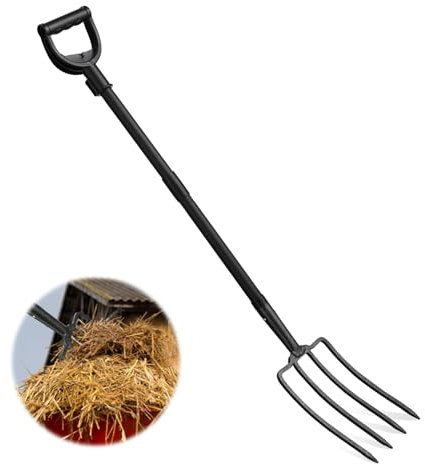 Forchetta per vanga, forchetta per la rimozione di terreno sciolto e fieno di superfici, forchetta da letame con 4 denti, colore nero, per giardinaggio, spatola con metallo, 116 cm, per la cura del