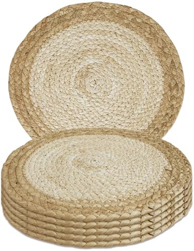 MI CASA Round Placemats Set of 6, 30cm Water Hyacinth Table Mats Woven Wicker Table Place Mats, Natural Handmade Wooden Seagrass Kitchen Dining Table Mats for Dining Table, Home, Wedding