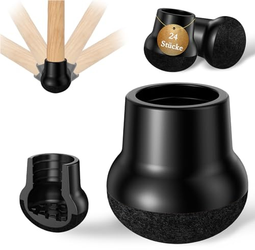 JCrunaway Stuhlbeinkappen Rund,Stuhlbeinschoner 24 Stücke,Kugelförmig Schutzkappen für Schräge/Senkrechte Stuhlbeine Durchmesser von 19-24mm,Verschleißfeste Filzgleiter für Stühle/Tisch