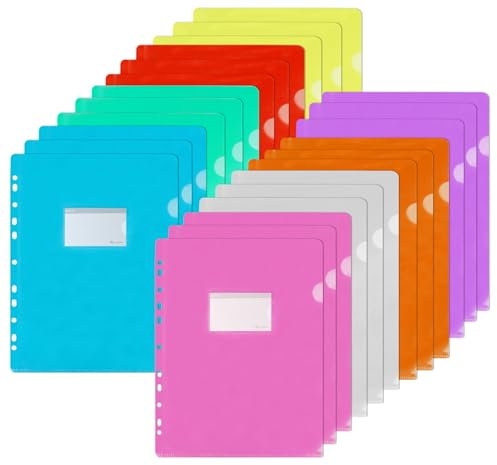Aktenhüllen A4 Seitlich Offen, 24PCS Sichthüllen A4 zum Abheften Bunt mit 11 Lochrand und Etikettentasche, 8 Farben Klarsichthüllen zur Aufbewahrung von Papier für Büro Schule
