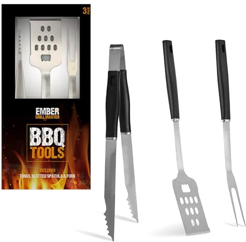 Lizzy 3 Pieces BBQ Deluxe Stainless Steel Grill Tool Set | Light-Weight Barbecue Tool Set Includes tongs, a slotted spatula and a fork for Outdoor Camping, Heavy Duty Camping Picnics Family Barbecues