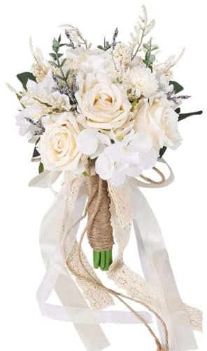 Xiyocadt Brautstrauß, Braut Brautjungfern Blumensträusse, Hochzeit Rosen Strauß, Blumenstrauß Künstlicher Rosenstrauß Bouquet Deko,Blumenstrauß für Braut, Brautjungfer, Partys (weiß,30 x 20 cm)