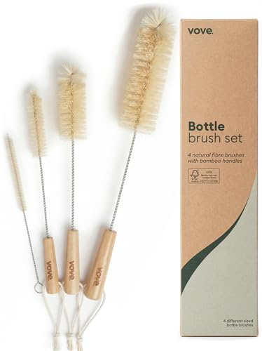 Vove Bottle Brush Set, 4 Natural Sisal Brushes With Bamboo Handles | Straw cleaner included, plastic-free, zero waste, stainless steel wire, FSC certified bamboo, kraft packaging
