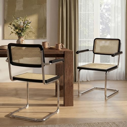 Zouron Esszimmerstühle 2er Set Rattan Stuhl Schwingstühle - Holzrahmen Freischwinger Stühle Geflochtene Rattan Rückenlehne Chrom Metallbeine Küchenstuhl - Schwarz