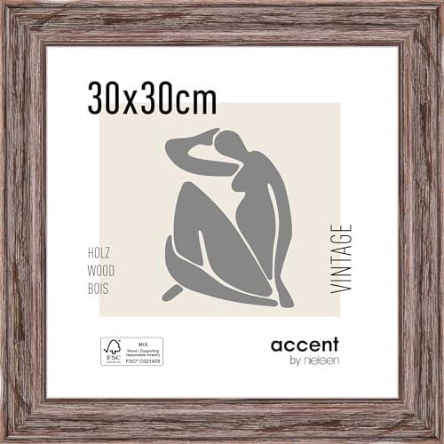 accent by nielsen Bilderrahmen, 30 x 30 cm, Holz, Braun, Rahmen zum Aufhängen im Hoch- & Querformat, Echtglas, Vintage