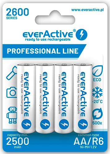 everActive Akku AA 2600 mAh 4 Stück, NI-MH, Mignon R6, wiederaufladbar, vorgeladen, höchster Leistung, Professional Line 1.2V, 1 Blisterkarte, Weiss