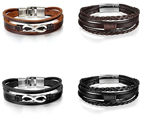 Cupimatch Retro Infinity Lederarmband Set: 4PCS Boho Geflochten Unendlichkeit Ewigkeit Manschette Wlickelarmband Manschettenarmbänder Vintage Armreif Geschenke für Freund Vater Sohn, Braun Schwarz