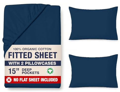 LANE LINEN King Fitted Sheet – Organic Cotton, Soft & Lightweight, 35cm Extra Deep Pocket with 2 Pillowcases, Snug Fit Bottom Sheet - Navy