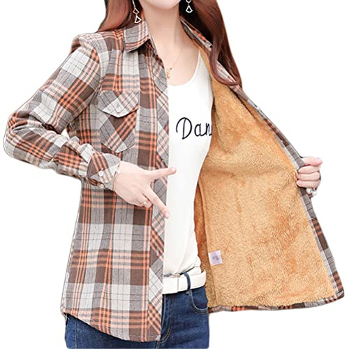 Minetom Hiver Chemise Femme Blouse Manche Longue à Carreaux Chaud Doublure en Velours Bouton Tops Tunique Chemisie Gilet Veste Shirt