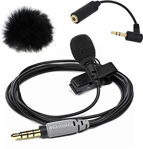 keepdrum RØDE SmartLav+ Lavalier-Mikrofon für Smartphone WS05BK Fell-Windschutz + ADP03 Kabel 3,5mm TRRS-TRS