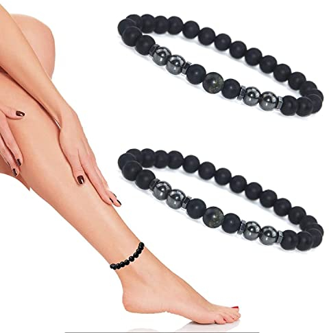 IOPYKKOA 2 Pcs Anti-Swelling Black Obsidian Fußkette, einstellbare Gewichtsverlust Magnet Fußkette, Health-Care Abnehmen Magnet Fußkette für Männer und Frauen (Schwarz)