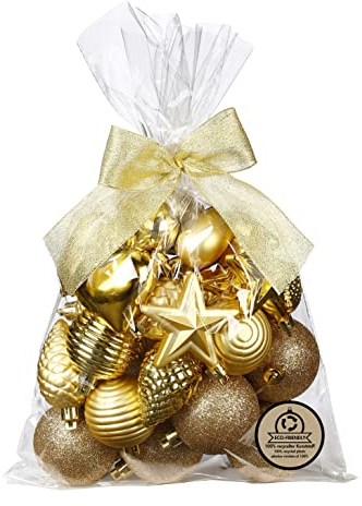Weihnachtskugeln und Formen Kunststoff 5-7cm 30er Set mit Glitzer Christbaumkugeln Gold