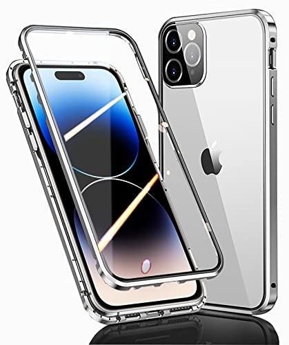 WEYNRBOX iPhone 14 Pro Magnetic Case Cover,Double-sided Tempered Glass 360 Degree Phone Case with Camera Protection,iPhone 14 Pro Front and Back Full Cover Shockproof Metal Bumper Case-Clear Silver