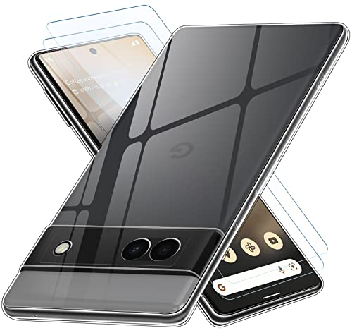 Hülle für Google Pixel 6a Transparent, Stoßfest Handyhülle mit 2 Stück Schutzfolie, Clear Case, Weiches Silikon TPU, Extra Dünn Schutzhülle für Google Pixel 6a Durchsichtig
