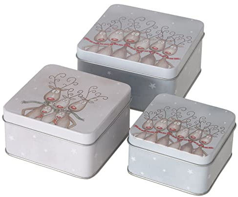 BOLTZE 3tlg Set Geschenkdose Magnus I 9cm, 11cm & 22cm I Rentier-Dekor mit Sternen I eckige Aufbewahrungs-Dose, Vorratsdose, Metall-Box, Schmuckdosen I Weihnachten, Advent