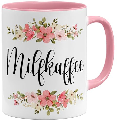 OM3® witzige Milfkaffee Kaffee-Tasse mit Spruch - Milf Blumig Kitschig - Keramik Becher - 11oz 325ml - Beidseitig Bedruckt - Rosa