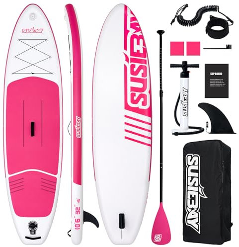 SUSIEBAY Tavola gonfiabile per yoga rosa, tavola da paddle per adulti, SUP da donna, pompa a doppia azione inclusa, borsa impermeabile da 10 litri