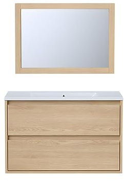 Vente-unique-Waschbeckenunterschrank hängend mit Einbauwaschbecken & Spiegel - 80 cm - Eichenholzfurnier - MILIPAM