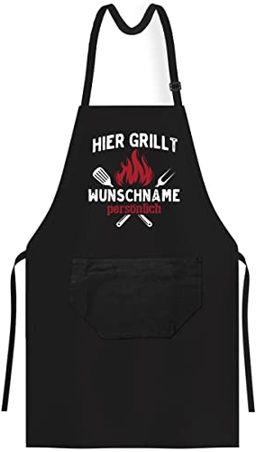 OM3® Hier Grillt Wunschname Persönlich - Grill-Schürze - der Chef - BBQ Küchenschürze für Erwachsene Unisex