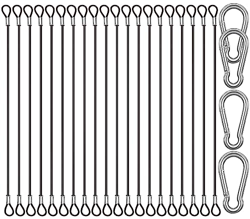 CKANDAY Confezione da 20 fascette di sicurezza in acciaio inox da 15 cm, con 4 clip a molla, cavo in filo di acciaio con passanti rivestiti in vinile, corda corta, cordino di sicurezza, colore nero