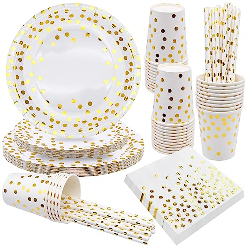 Vaisselle Anniversaire de fête, 20 invités blanc et or Vaisselle de fête Assiette en Papier Gobelet en Papier Pour les Fêtes, Mariages, Fêtes de Remise des Diplômes, Assiettes de Fête
