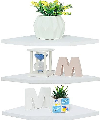 DUICIRX Corner Wall Shelves, Wood Corner Floating Shelves with Cable Raceway, Wall Mount Storage Display for TV Accessories, Monitor, Speaker, Cable Box, Game Console (White, Diamond- 10 Inch)