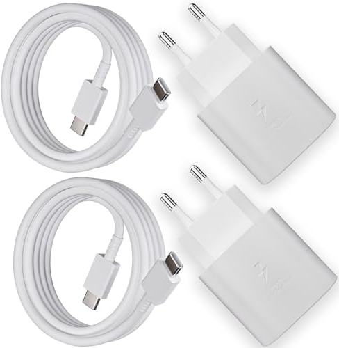 2er-Pack 25 Watt Schnellladegerät Ladekabel für Samsung Galaxy S25 S24 S23 S22 S21 S20 FE Ultra Plus A55 A54 A53 A34 A33 A14 A15 5G M54 Z Flip 6, USB C Ladegerät mit Typ C Schnellladekabel Kabel 2M
