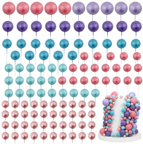 Acmee 115 PCS Ball Cake Toppers - Mini Balloon Cake Decorations Foam Ball Cupcake Picks DIY Cake Insert Toppers for Birthday Party Wedding Baby Shower - Pink Purple Blue
