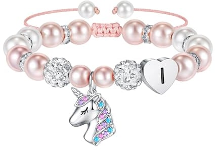 Bracelet Licorne TINGN - Perles Roses et Boules de Strass Coeur et Lettres Arc-en-Ciel CZ, Cadeaux pour Filles