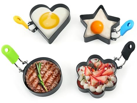 Egg Rings for Frying Non Stick Fried Egg Ring 4 Pack Poached Egg Moulds with Silicone Handle Fried Egg Mould Pancake Mcmuffin Omelette Shaping Burger Star Flower Heart Round