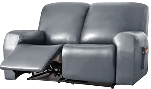 HonunG Recliner Sofabezug Set für 2-Sitzer, Stretch Ruhesessel Bezug mit Tasche, Wasserdichtes PU-Leder 6-teilige Relaxsessel Bezug, Stretchhusse Für Liegesessel Massagesessel (Grau)