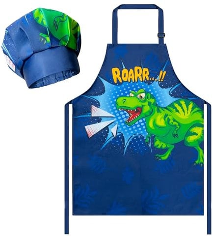 R HORSE 2Pcs Kinder Schürze Koch Hut Set, einstellbare Kochschürzen mit Taschen, Dinosaurier Blau Thema Print Chef Kostüm für Kind Kleinkind, Küche Kochen Malen Backen