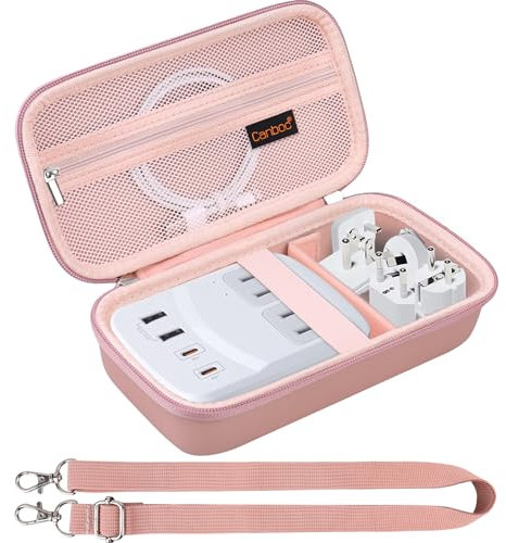 Canboc Carrying Case for Ceptics International Plug Adapter Kit, World Travel Adapter Kit Box with Removable Shoulder Strap, Zipper Mesh Bag fit USB Cable, Rose Gold (Case Only)
