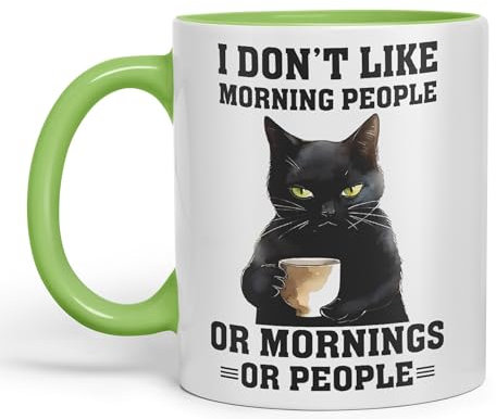 Vixar I Don't Like Mornings People cat Cats Sarcastic Joke Ceramic Coloured Mug Cup for Tea Coffee Hot Brew 330ml 11Oz (L Green)