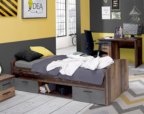 Forte Winnie Bett 90 100, Jugendbett 2 Schubladen, Liegefläche 90 cm x 200 cm, Einzelbett, Holzwerkstoff, Old-Wood Vintage Holzdekor/Betonoptik Dunkelgrau, 96 cm breit x 65,5 cm hoch x 206,4 cm tief