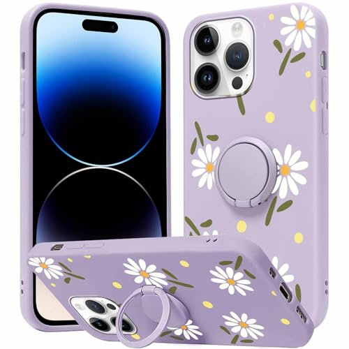Yoedge Phone case for iPhone 13 Pro 6.1 inch, 360°Magnetic Ring Holder Kickstand Soft Silicone TPU Shockproof Anti-Scratch Protective Resistant Fashion Purple Flower Aesthetics Pattern