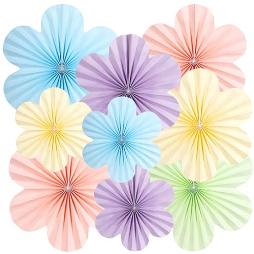 SUNBEAUTY Pastel Flower Party Decorations Paper Fans Classroom Decoration Paper Floral Backdrop Decor Tea Party Decoration Hanging Paper Fans Gold Flower Wall Decor Set of 9