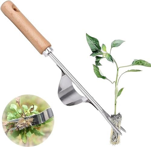 EHOTER Jardinière Manuelle Arrache Racine Manuel Désherbage en Acier Inoxydable avec Poignée Bois Convient pour Eliminer Les Mauvaises Herbes des Jardins, Potagers, Paysages (A)