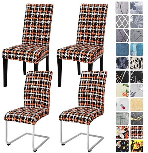 Alishomtll Halloween Stretch Stuhlhussen 4er Set Stuhlbezug Schwingstuhl Elastische Stuhlhussen Abnehmbarer Waschbarer Stühle Schutz Urlaubsdekoration für Esszimmer Bankett (Orange kariert, 4 Stück)
