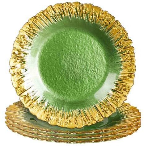 SL Wedding Decor Glass Charger Plates of 13 Inch, Set of 4 Heavy Duty Glass Chargers Service Plates, Green Glass Chargers for Dinner Plates with Gold Trim for Parties Events (Green with gold trim)