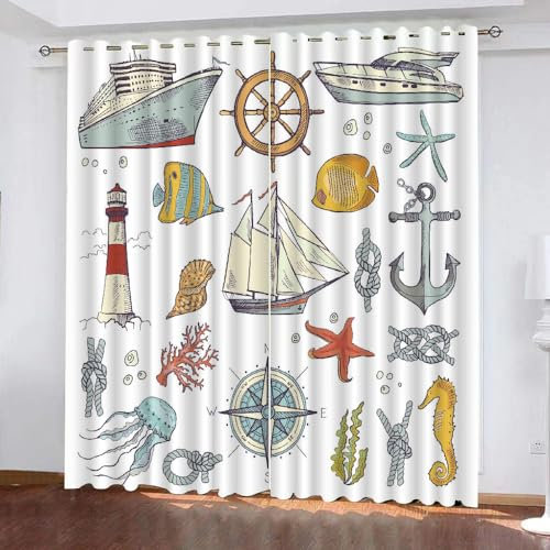 GIOVIA 3D Maritim Vorhänge Abdunkelnde mit ösen 2 Stücks Gardinen Blickdicht Verdunkelungs Leuchtturm Anker Kälteschutz Scheibengardinen für Junge Mädchen Schlafzimmer B 234 X H 183 cm