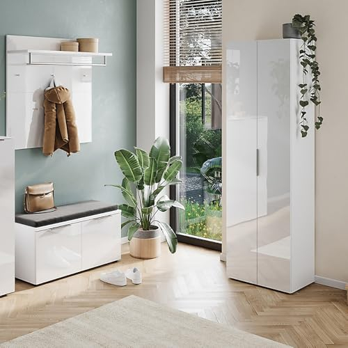Lomadox Flurmöbel Set weiß Schuhbank 2 Türen mit Sitzpolster Garderobenpaneel mit Hutablage Kleiderstange Flurschrank Glasfronten