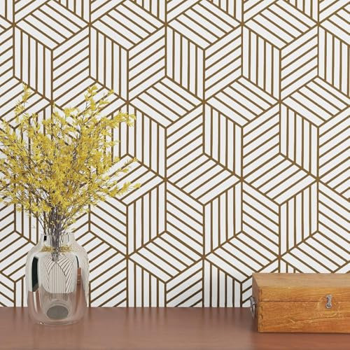XRUIBZI Gold Geometric Wallpaper Peel and Stick Wallpaper 45cmx1000cm Gold Stripes Geometric Wall Paper Waterproof Self Adhesive Removable Contact Pape Vinyl Film for Cabinet Kitchen Countertop
