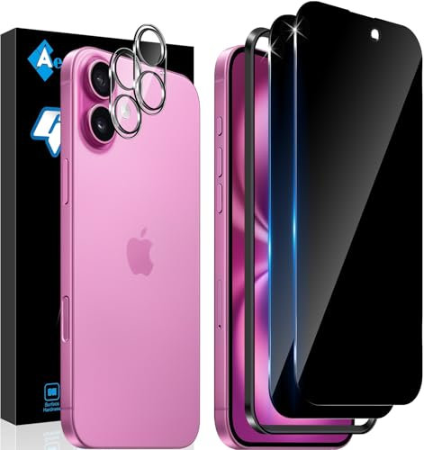 Aerku für iPhone 16 für Panzerglas Sichtschutz, mit 2 Stück Kameraschutz, Full Screen 9H Härte Stoßfest Kratzfest Anti-Fingerabdruck Sichtschutzfolie für iPhone 16
