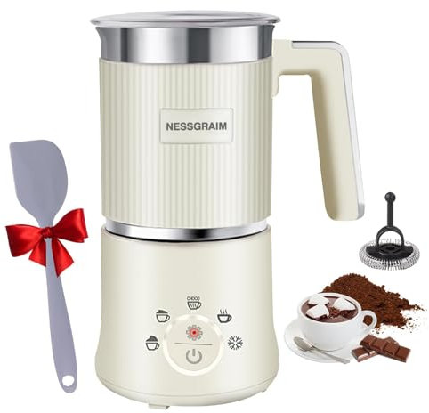 Milchaufschäumer Elektrisch 5-in-1, Milchschäumer Spülmaschinenfest mit Kakao Funktion für heißer Schokoladen, Heißer/Kalter Milchschaum, Warme Milch, 220V,300ml (Beige)