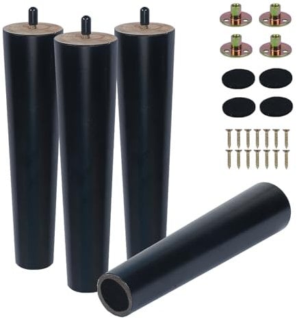KINDPMA 4PCS Solid Wood Furniture Legs 25cm Wooden Sofa Legs Chair Legs Table Leg Black Furniture Replacement Feet with Mounting Plates Screws Non-Slip Mat for Chair Bed Couch Table TV Cabinet