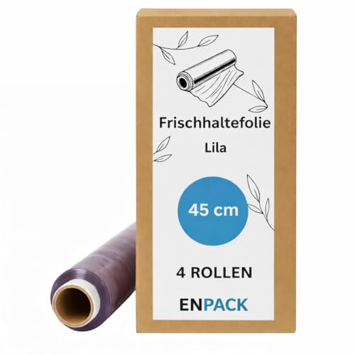 Enpack Frischhaltefolie Lila 45cm aus PE - 4 Rollen - 300 m lang - Großrollen Klarsichtfolie reißfest - Plastik Profi-Rollen