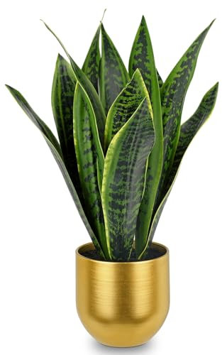 Briful Piante artificiali di serpente da 43 cm, in vaso di metallo spazzolato dorato, 43 cm, piante artificiali decorative in finto Sansevieria per interni, per casa, ufficio, scrivania, tavolo