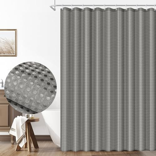 LUKDUNG Duschvorhang Waffel, 180x200cm Waffel Duschvorhang Waschbar Textil, Polyester Stoff Shower Curtain mit 12 Duschvorhangringe, Grau